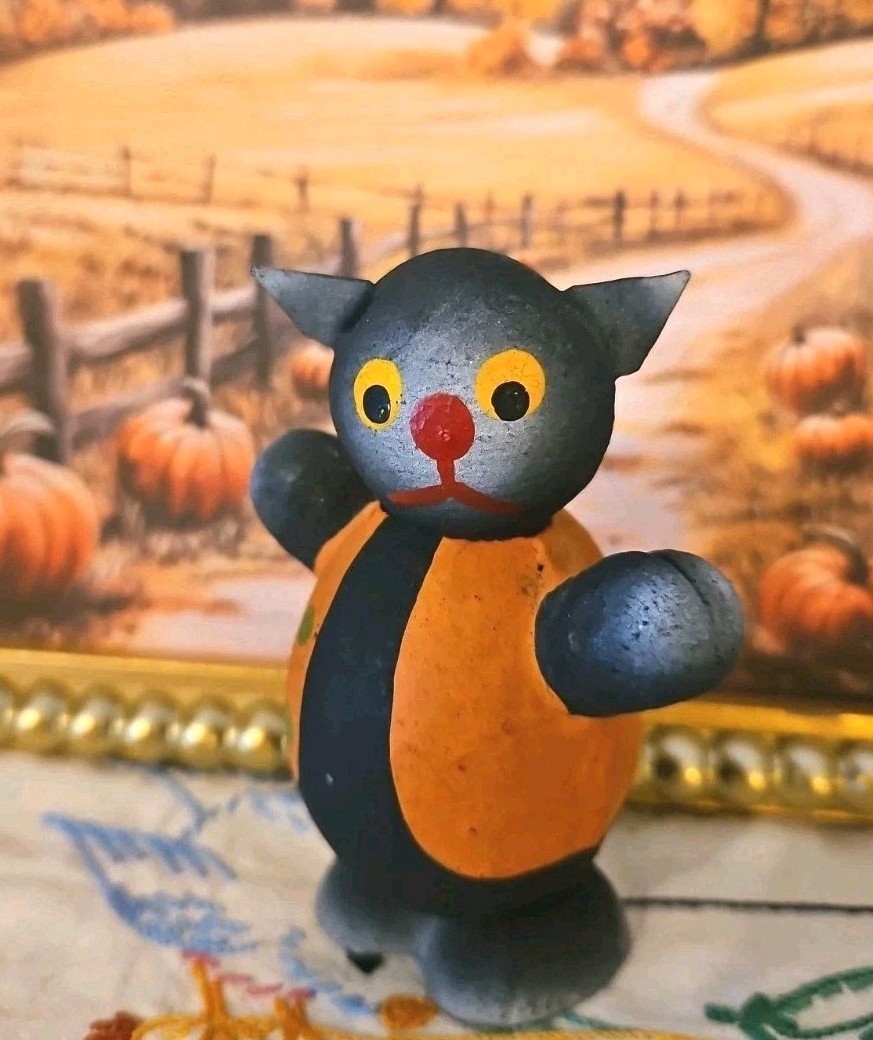 Halloween Vintage Or Antique Cute Black Cat Candy Container, Paper Mache Germany