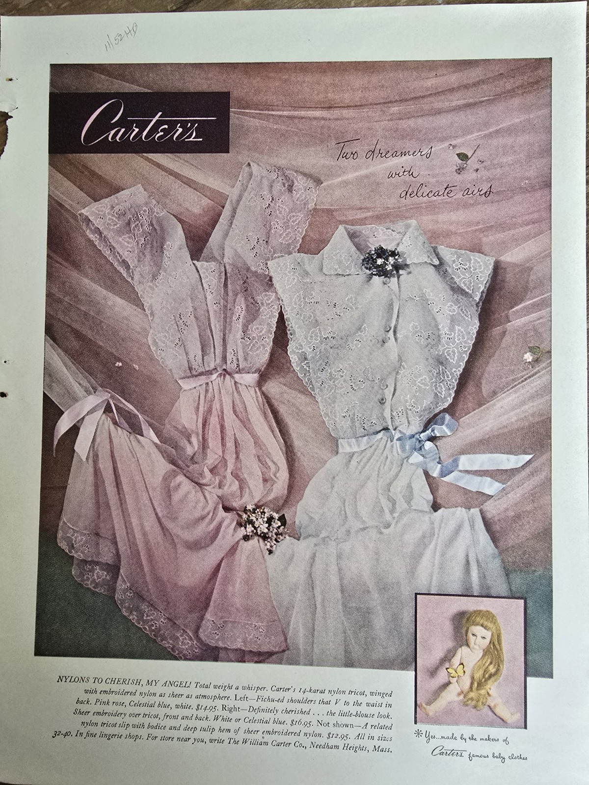 1952 Women\'s Carter\'s Pink  White Nylon Gowns Lingerie Vintage Fashion ad