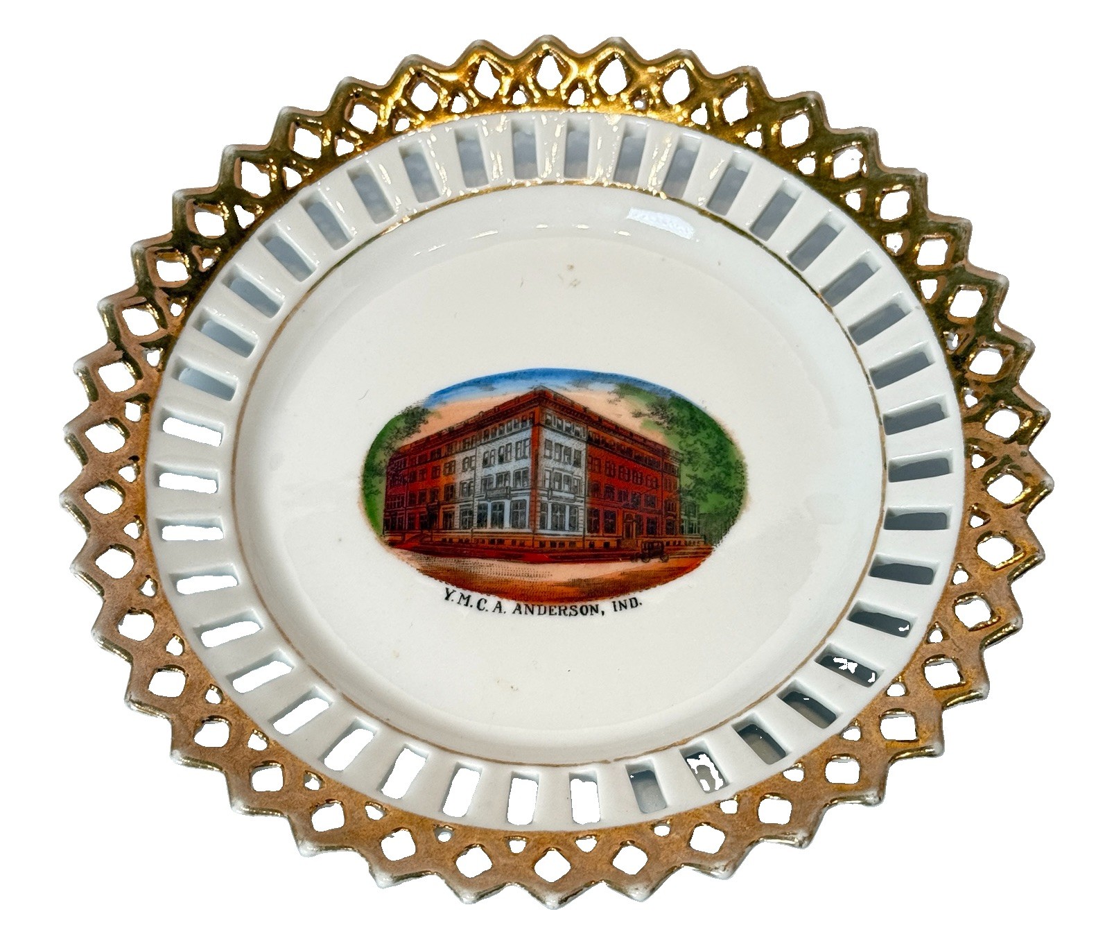 ANDERSON INDIANA IN Antique YMCA Painted Trinket SOUVENIR PLATE DISH