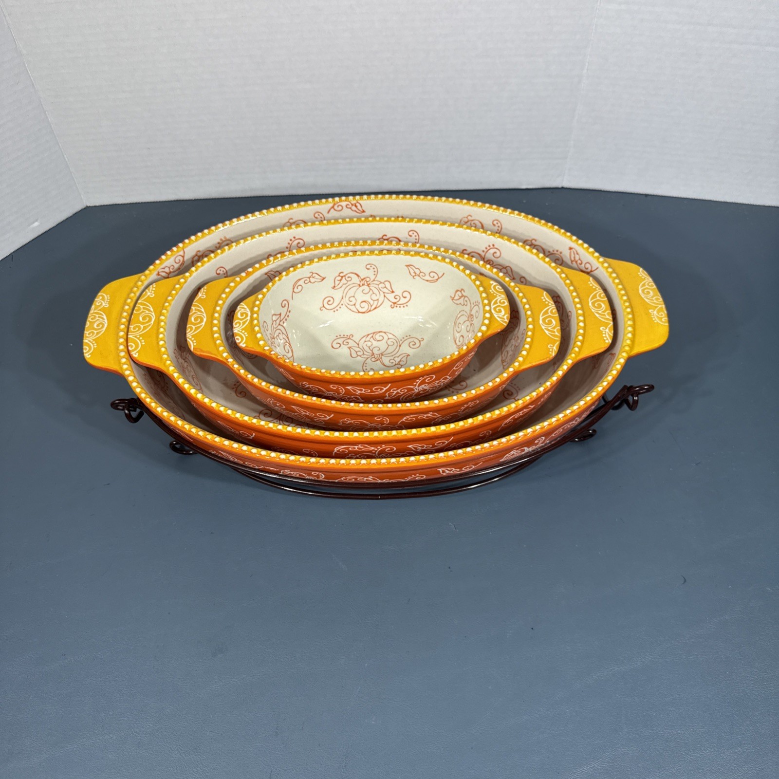 Set of 4 Temp-Tations By Tara, Oval Nesting Serving Dish Floral Lace Orange Pump