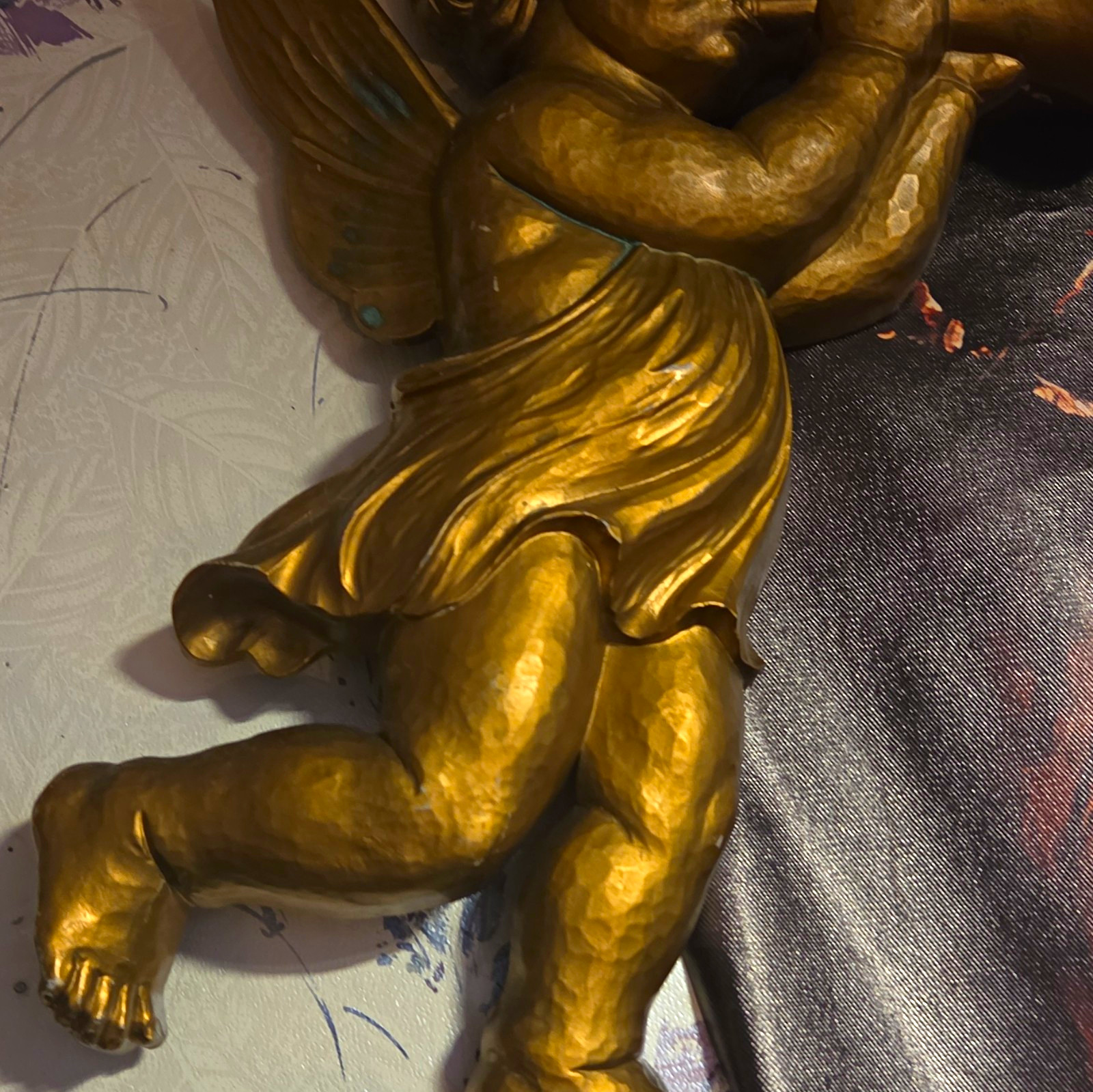 Gold Resin Cherub Angel Playing Horn Wall Figurine, 3D Effect Finish
