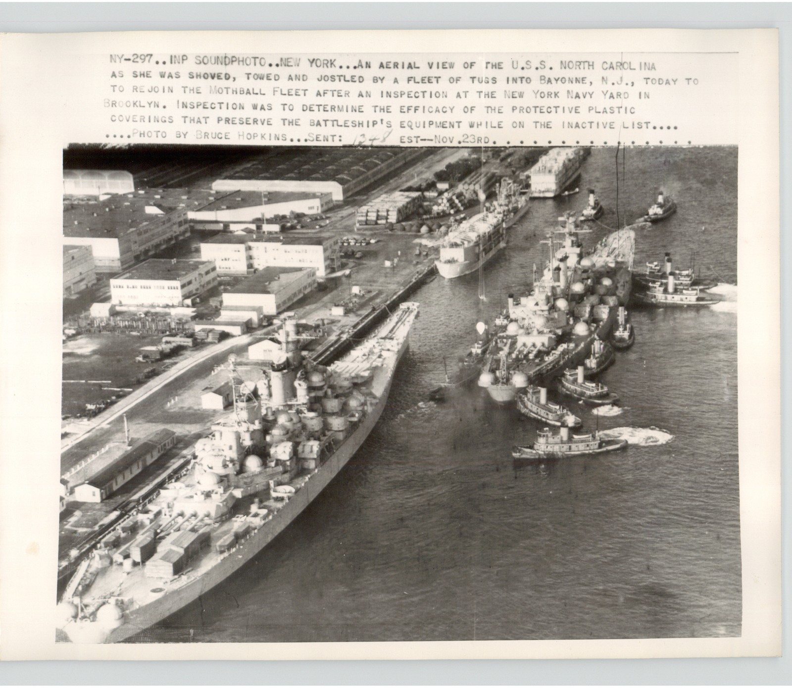 USS North Carolina Towed to Mothball Fleet Bayonne New Jersey 1948 Press Photo