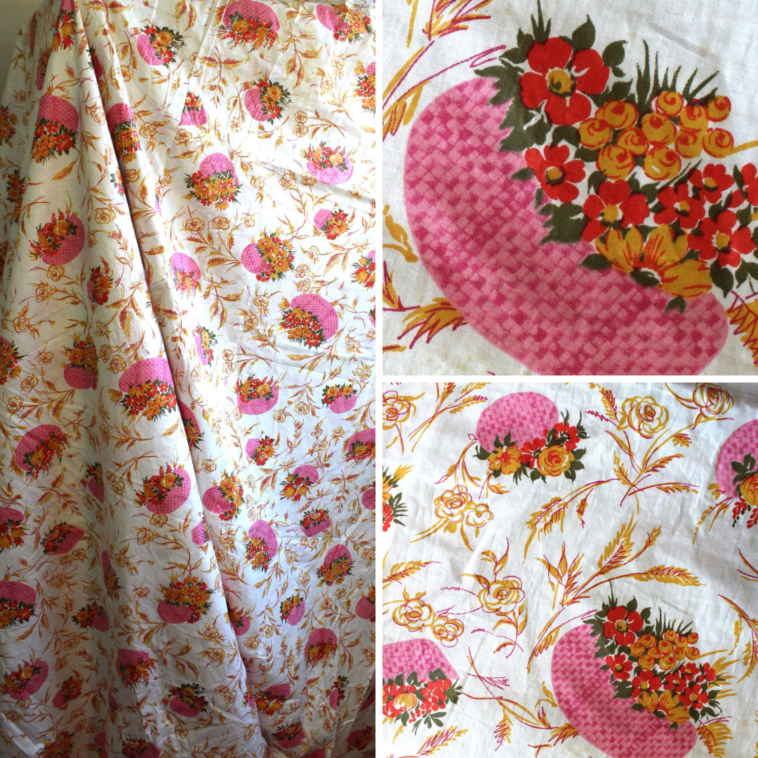 By 1/2 Yard - Vintage 50s 60s Cotton Chintz Floral Novelty Fabric Pink Yellow