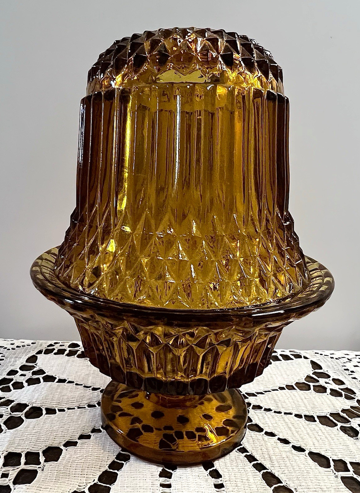 Vintage Indiana Glass Diamond Point Amber Fairy Lamp Pedestal 1970s 6.5”