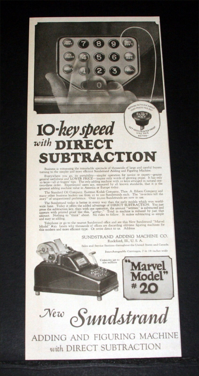 1923 OLD MAGAZINE PRINT AD, SUNSTRAND 10-KEY SPEED ADDING & FIGURING MACHINE