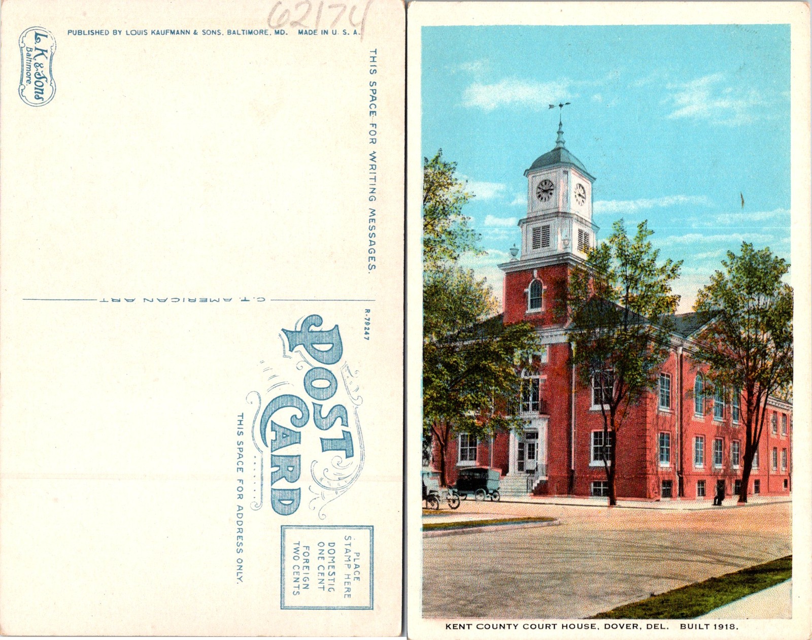 Dover DE Kent County Court House 1918 Postcard 62174
