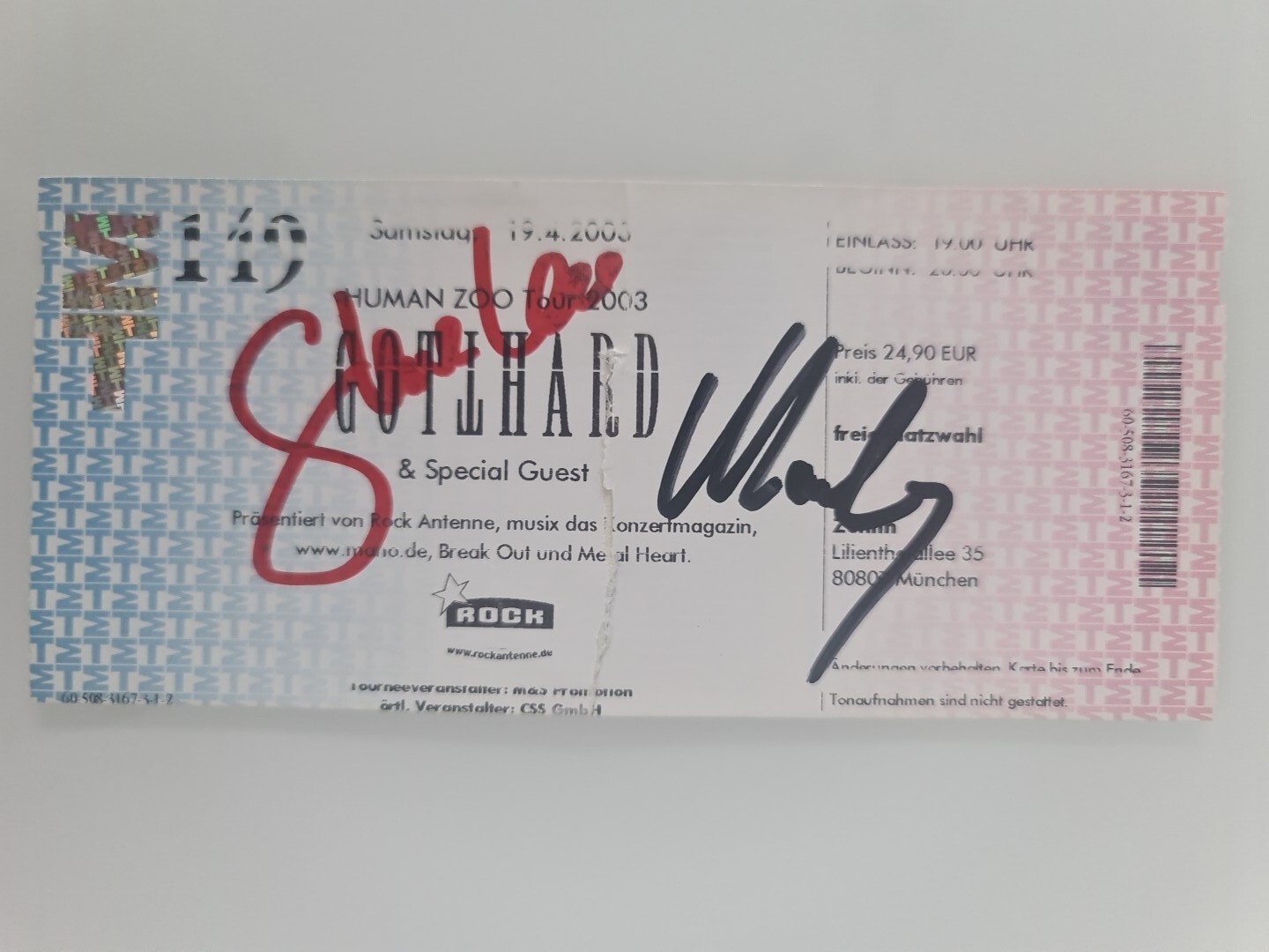 HUMAN ZOO Autograph Original Signed Autograph Signed Ticket 2003