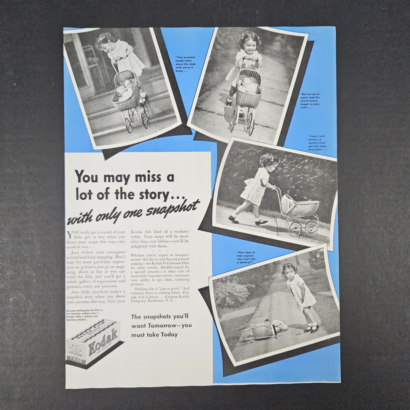 1938 Eastman Kodak Camera Film Vintage Print Ad Girl Doll Stroller Rochester NY