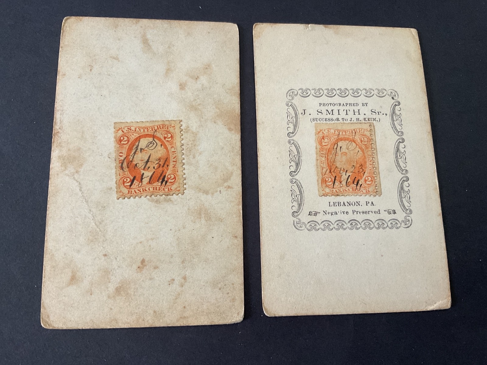 1864 Carte de Viste (CDV) Photos w/US Revenue Tax Stamps (set of 2) civil War