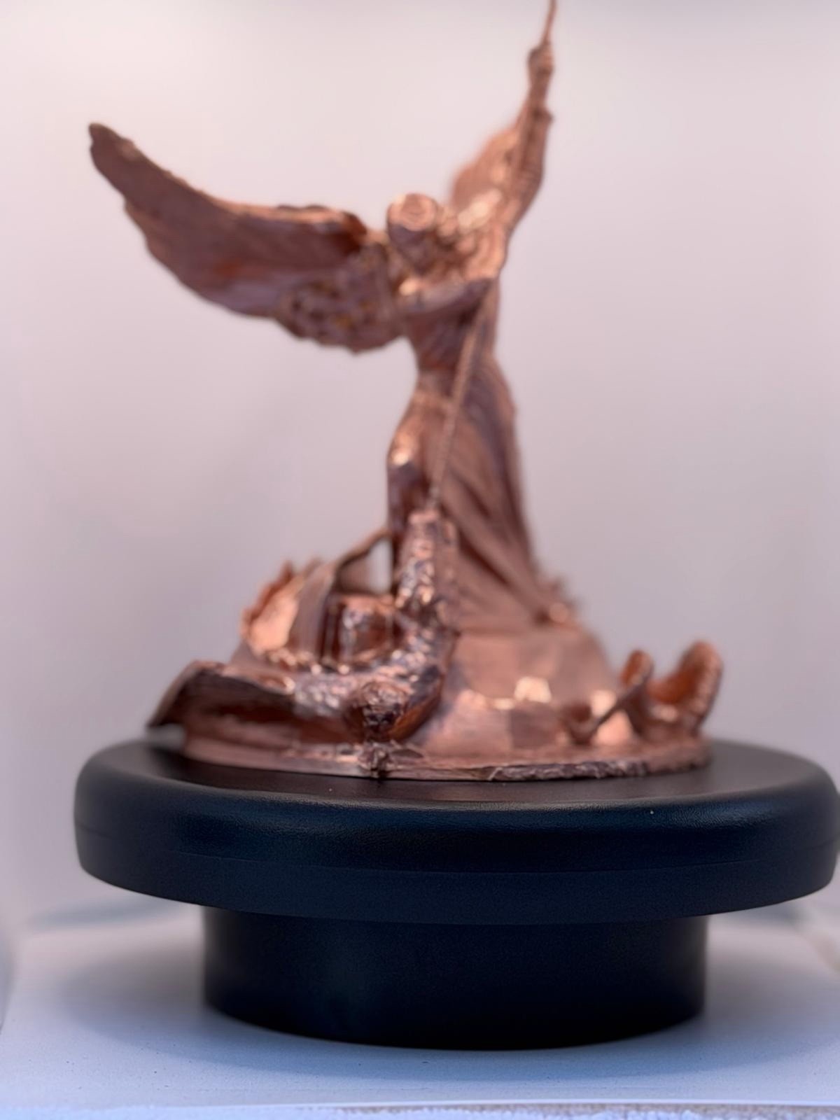 Copper-Tone Metal Angel Figurine Winged Figure on Black Base, Metallic Finish