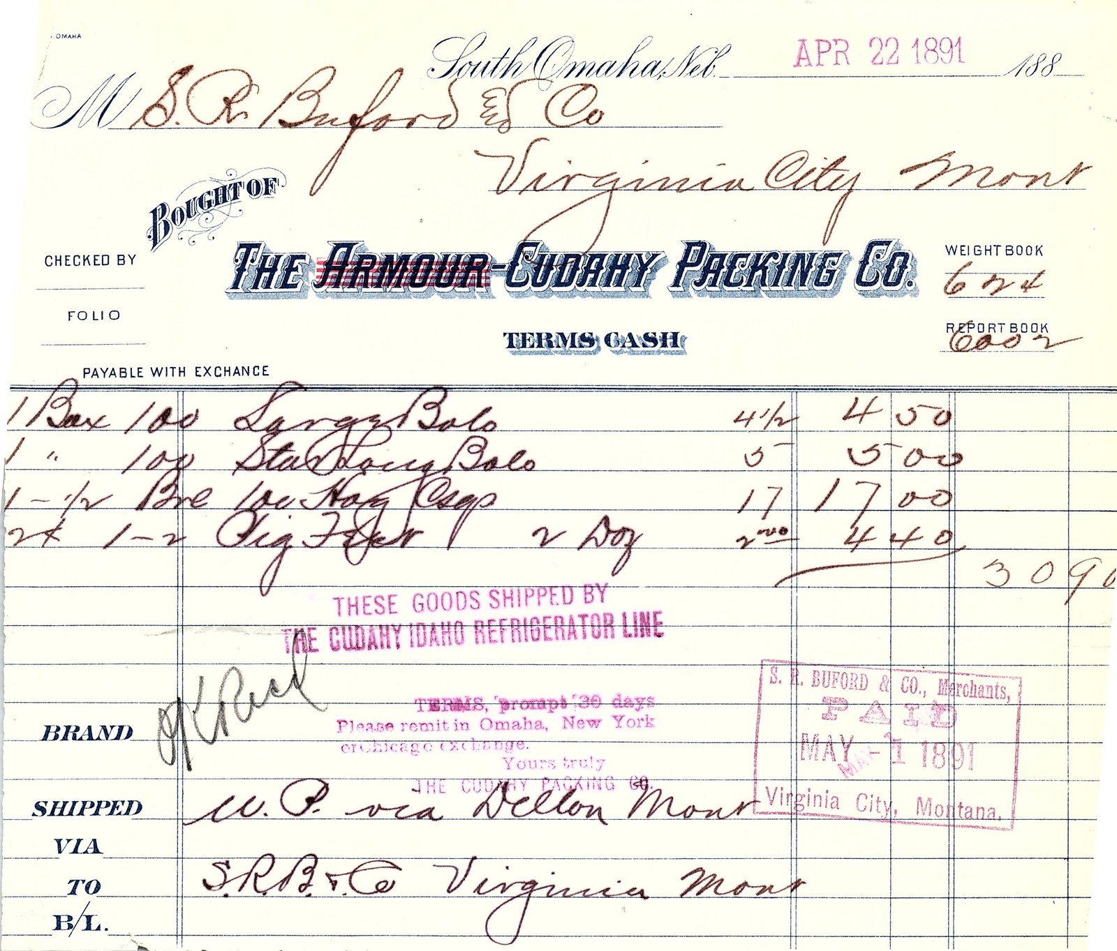 1891 Omaha Billhead: N.S.R. Buford to Armour-Cudahy Packing