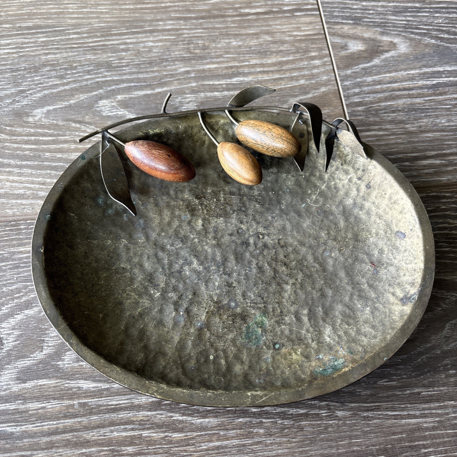 Vintage Hammered Metal With Olive Branch Trinket Dish