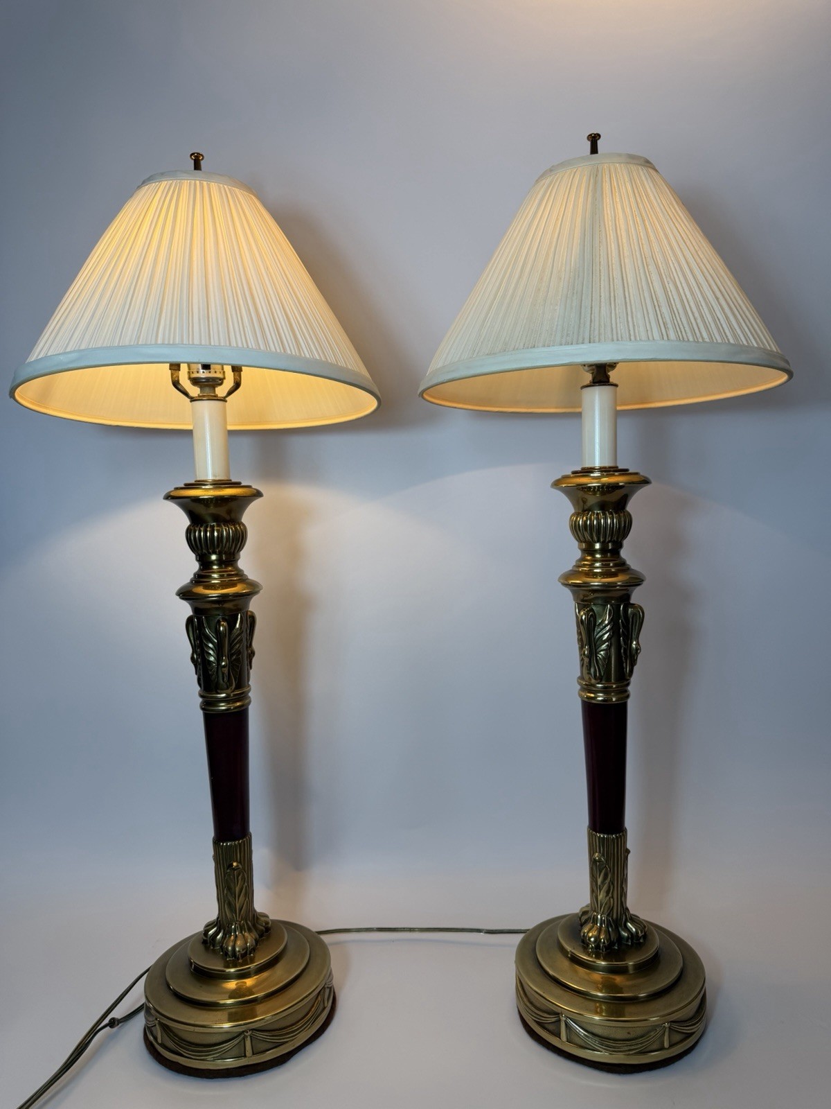 Pair Vintage Stiffel Brass Table Lamps Neoclassical Empire Burgundy Columns 33”