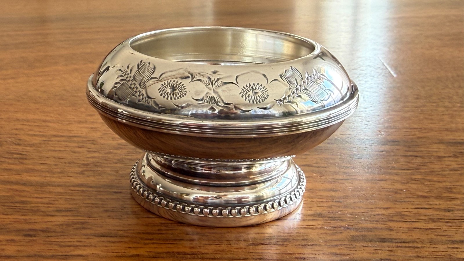 Vintage English Silver Plate Hand Engraved Floral Salt Cellar Pedestal Dish