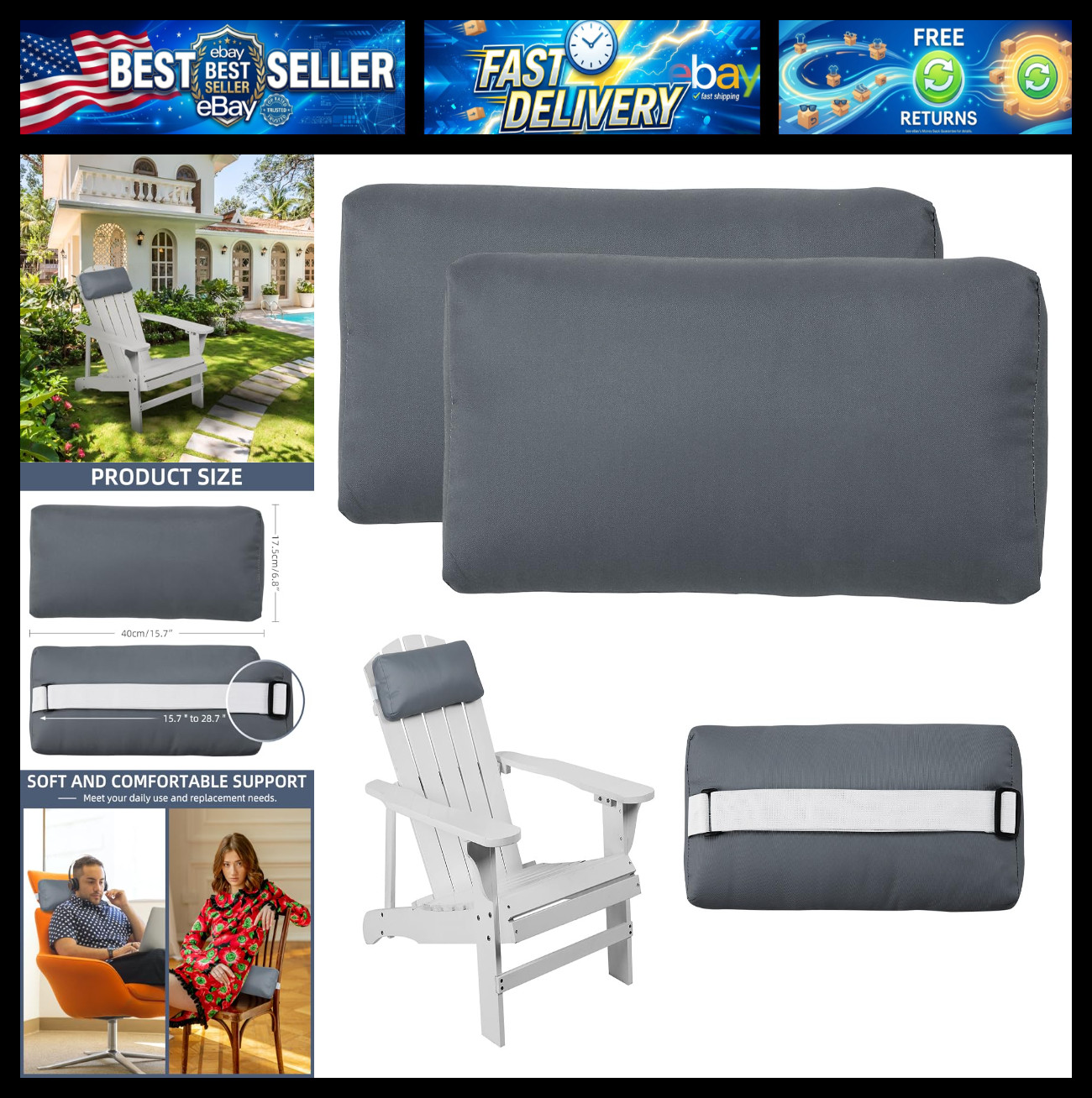 Headrest Pillow for Patio Chaise Lounge Chair, Outdoor Chaise Pillows with Adjus