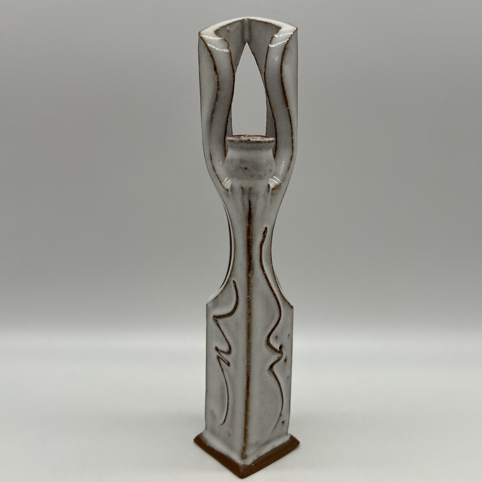 Art Pottery Candle Holder Vase Geometric Design White Glaze, 8.5” Tall
