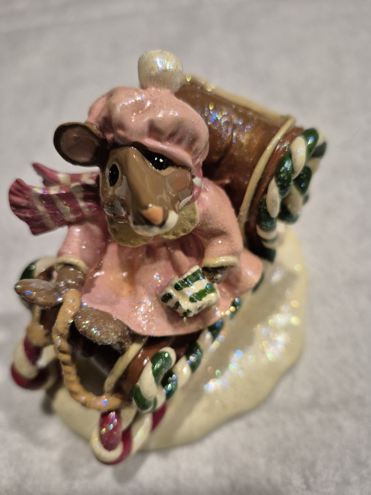 Mouse On Sleigh DONNA LITTLE for ENESCO 1999. Pink Dress. Whimsical