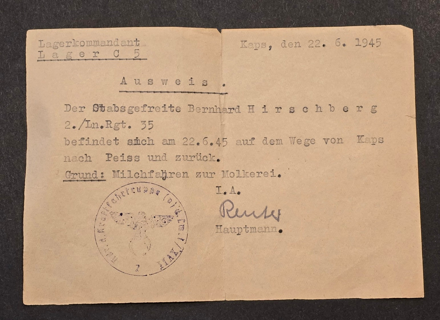 RARE 1945 German POW Camp Travel Pass Lager C5 Kaps  Infantry Regiment 35