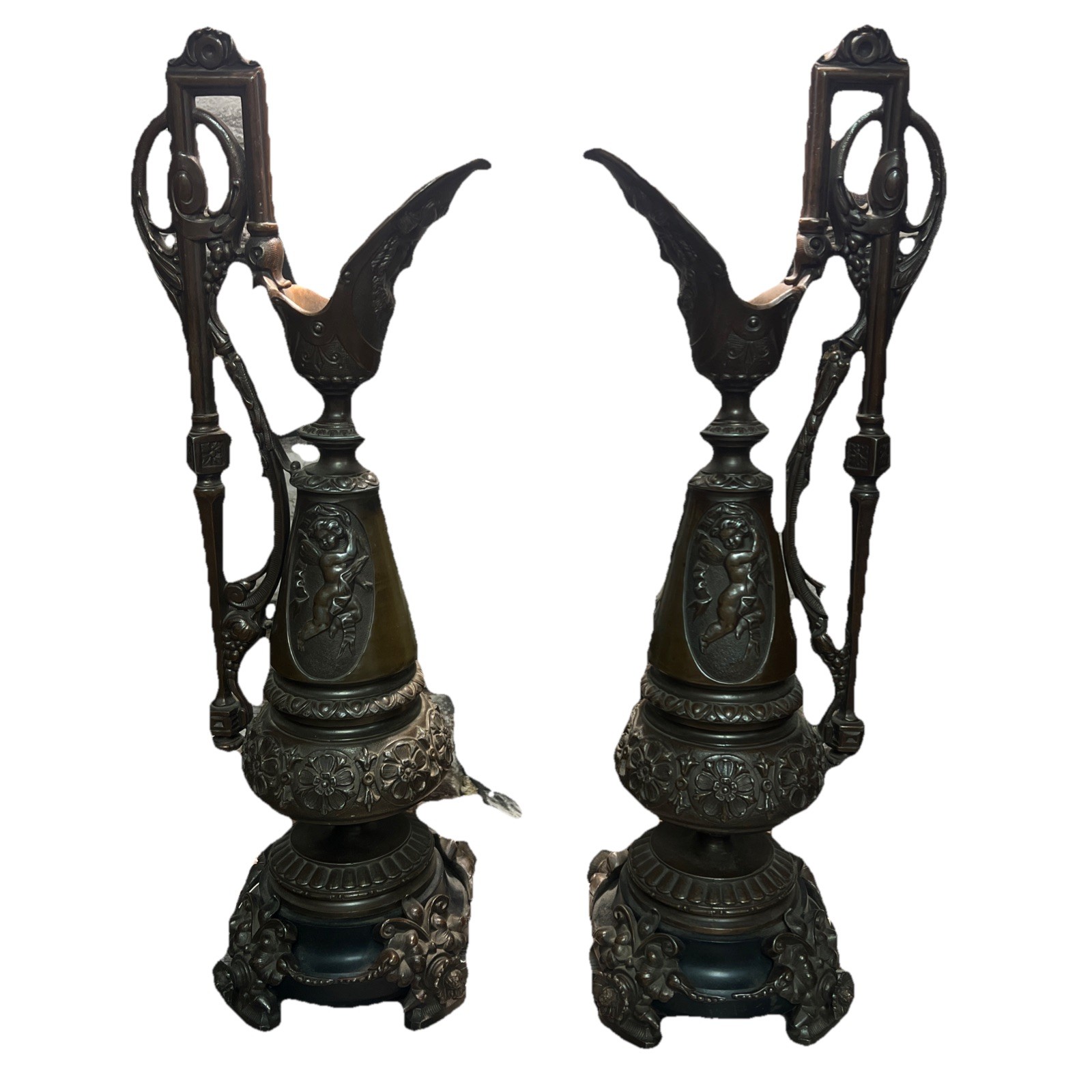 Lot Of 2 Antique Victorian Cast Iron Bronze Urn Pitcher Ewer Incense Burner
