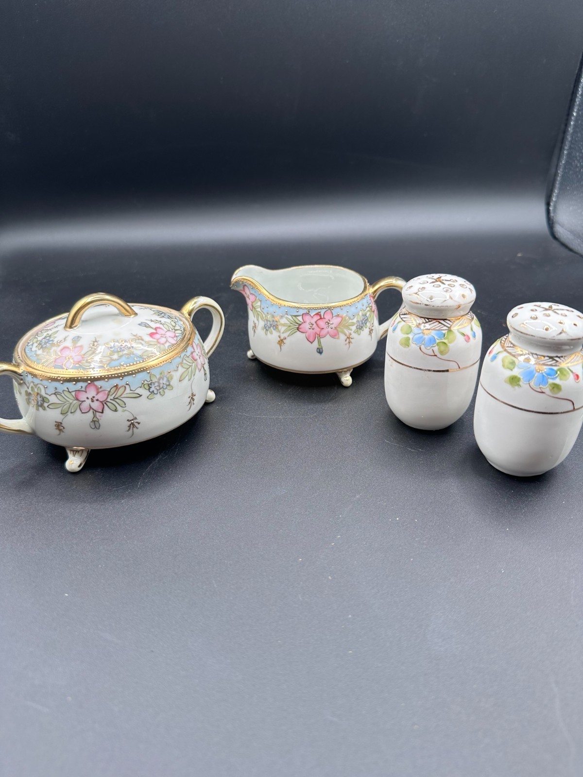 Nippon Hand Painted Floral Porcelain Sugar Creamer Salt Pepper Set Antique