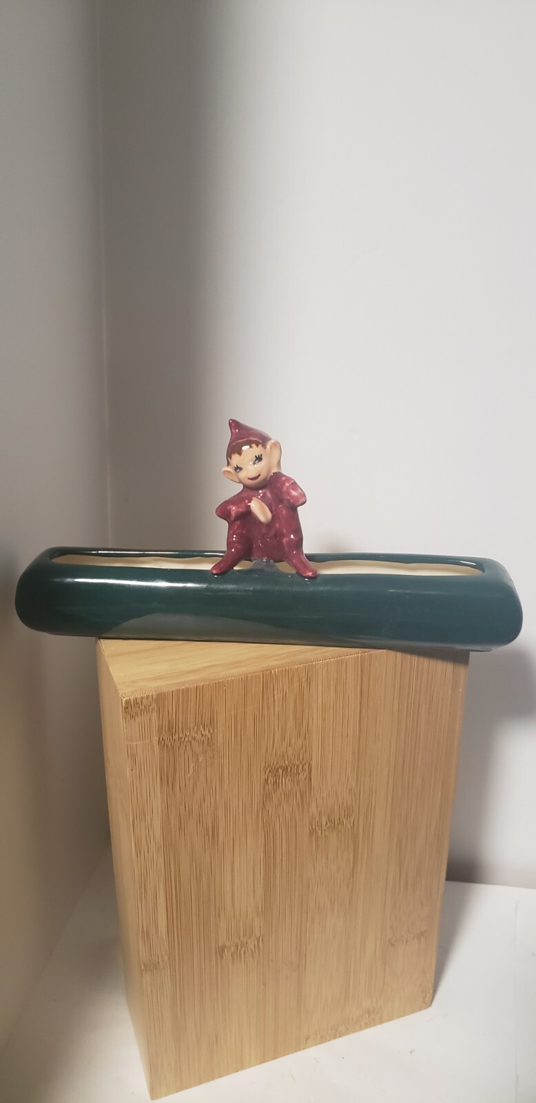 Vintage Gilner Pink Pixie Elf on a green Log
