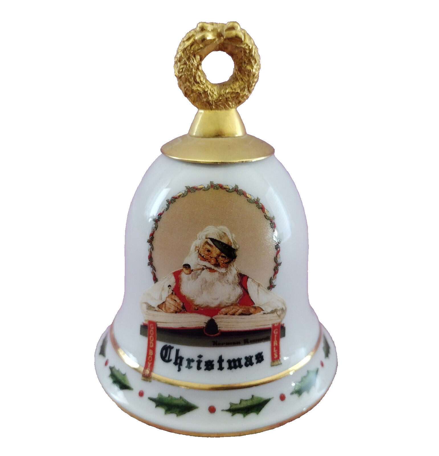 Norman Rockwell Christmas Bell 1992 VTG Santa Gold Good Girls Boys Blake Quote