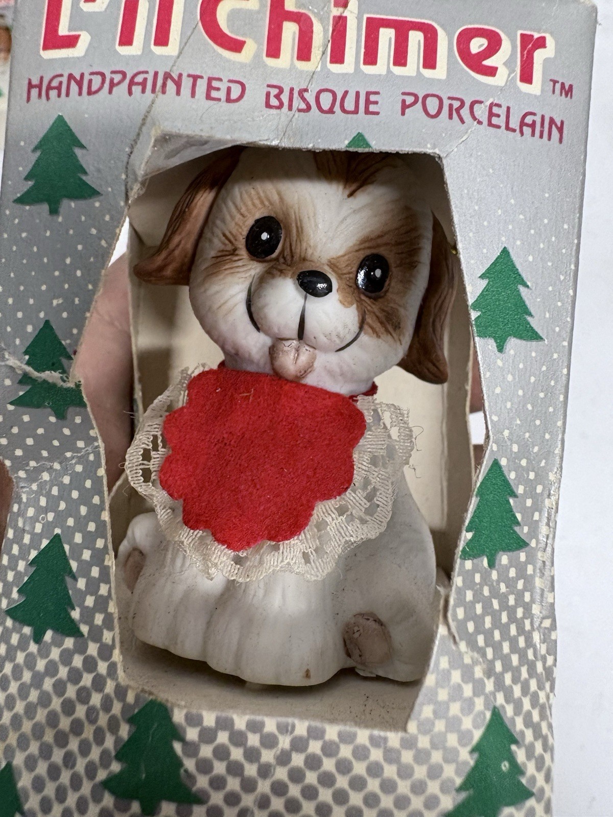 Vintage L’il Chimer Dog Handpainted Bisque Porcelain Bell Christmas Boxed
