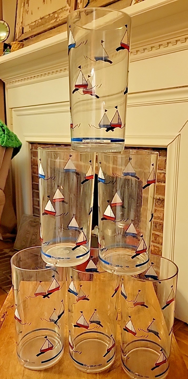 Vintage J Curran 1985 Acrylic Glasses Sailboats Set of 6