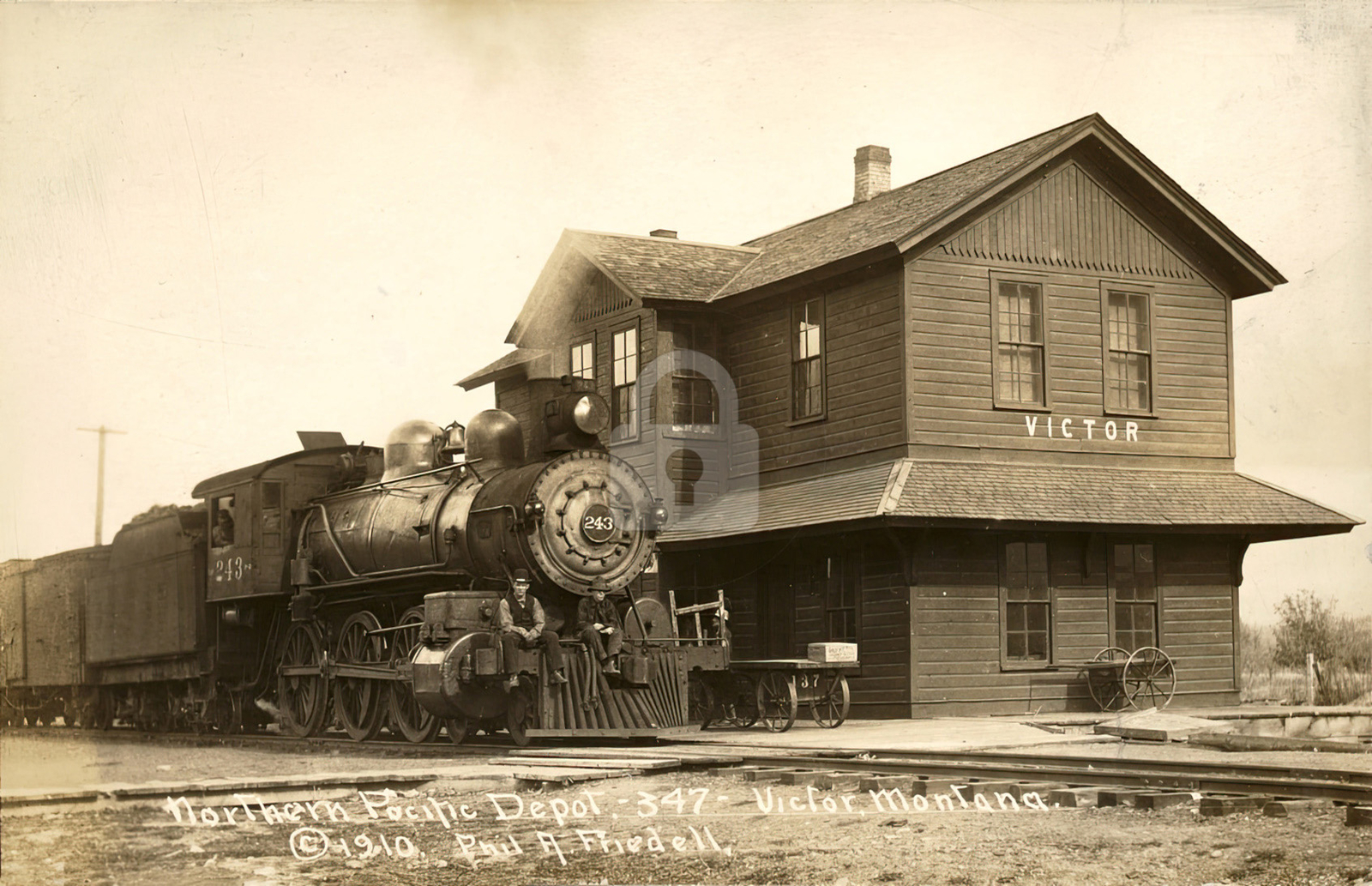 Northern Pacific depot, Victor, Montana 1910 RPPC Photo Postcard Copy