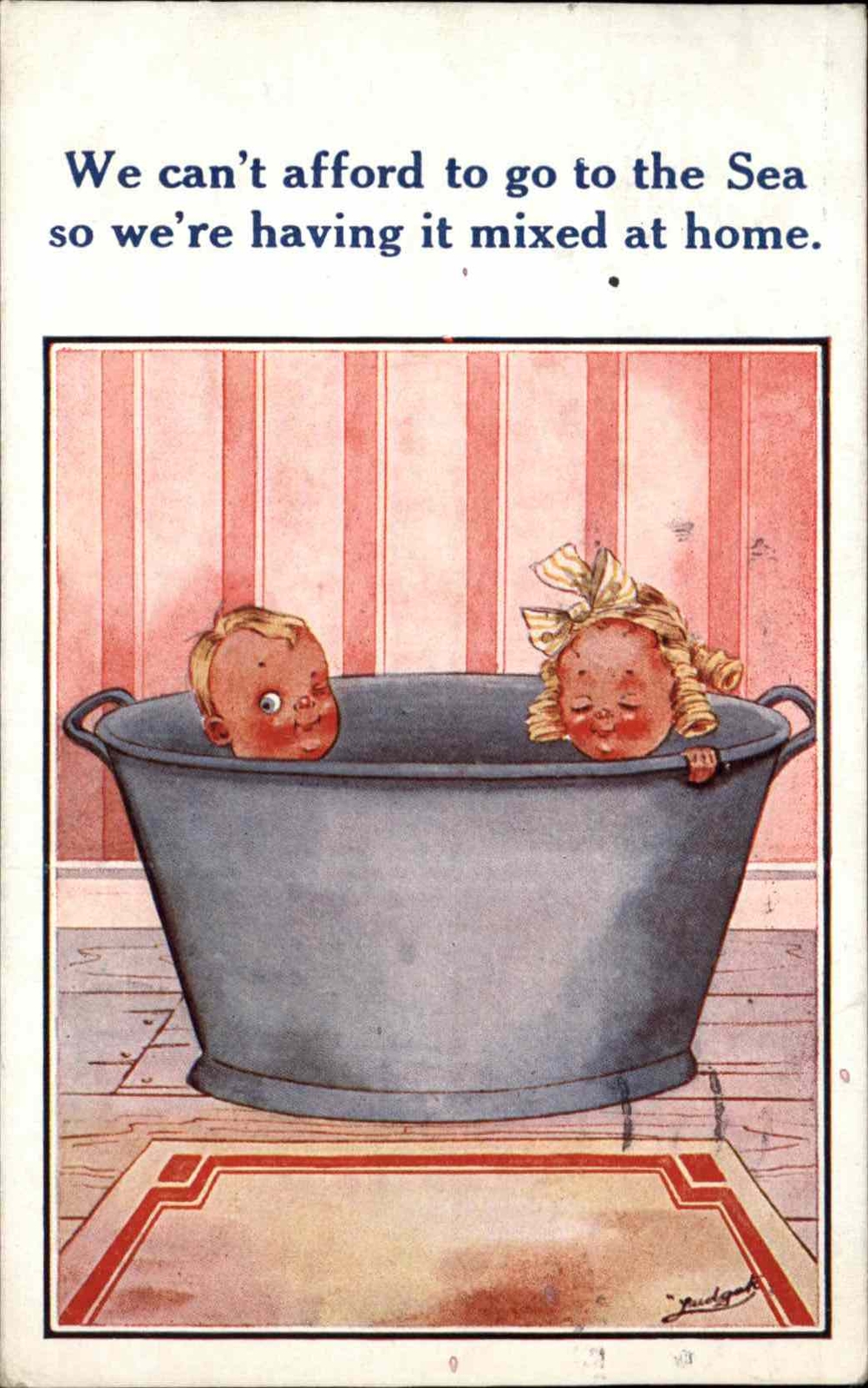 Children Comic Boy & Girl Taking Bath in Tin Tub 1920s-30sPostcard