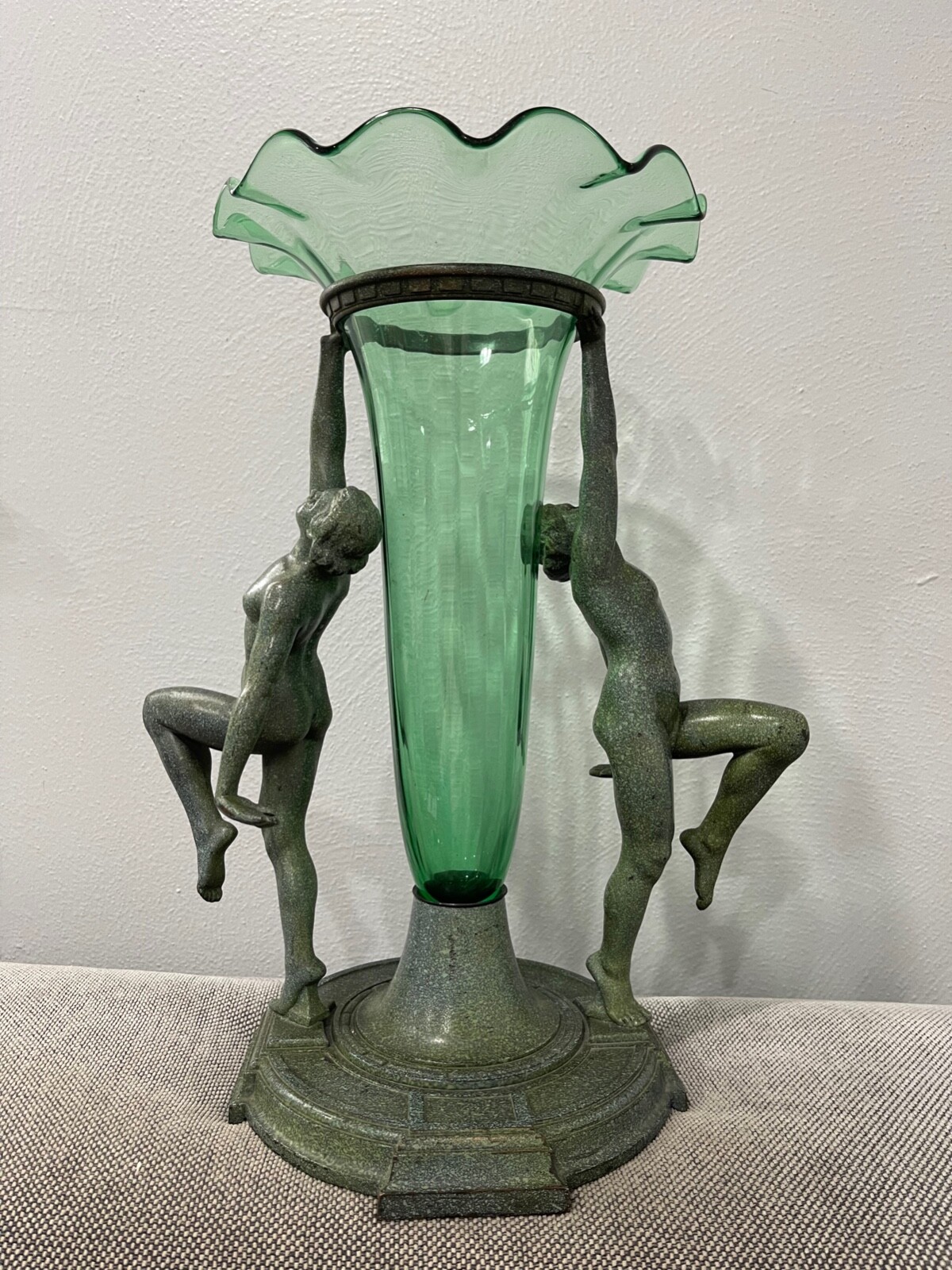 1928 Art Deco A.C. Rehberger Nude Women Trumpet Vase Steuben Nile Green Glass