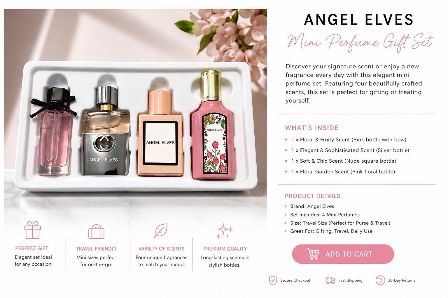 Angel Elves Mini Perfume Gift Set, 4 Mini Perfumes, Multiple Mini Bottles