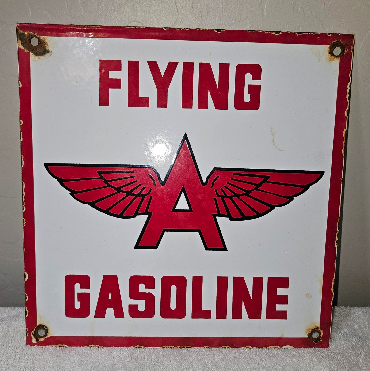 Flying A Gas & Oil Gasoline Metal Advertising Sign, Red & White