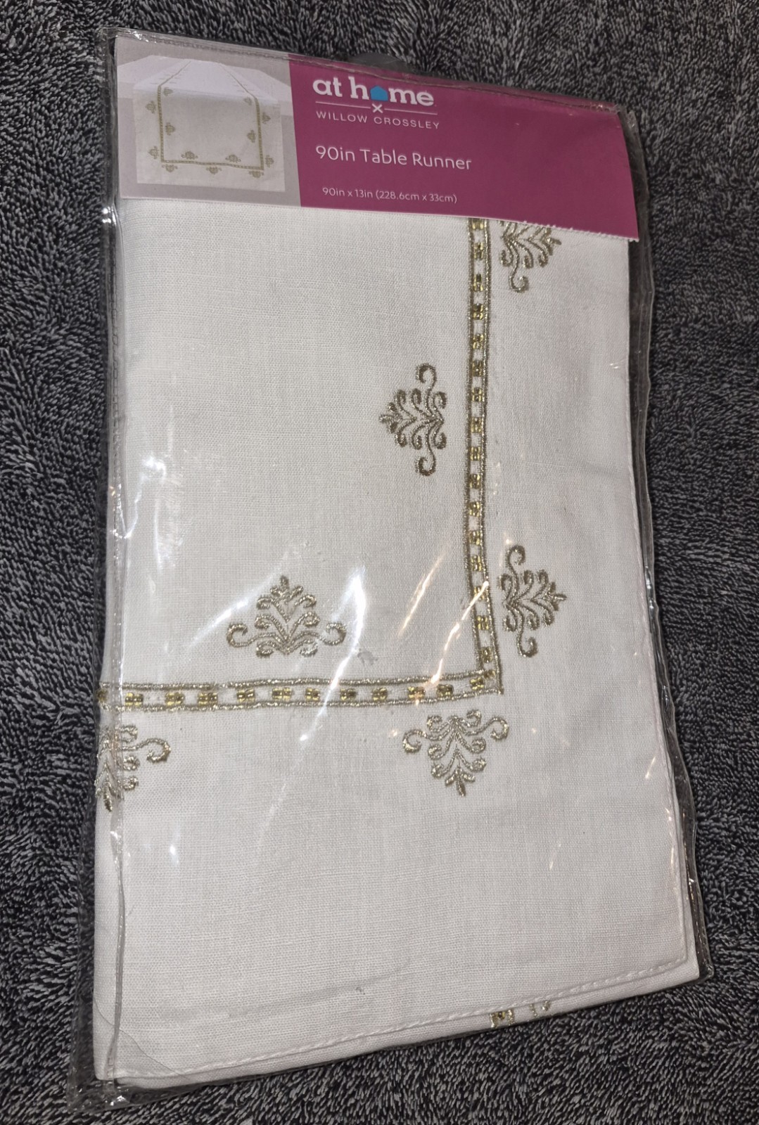 NEW At Home 90x13 Table Runner ☆ White Linen ☆ Gold Embroidery ☆ Wedding Holiday