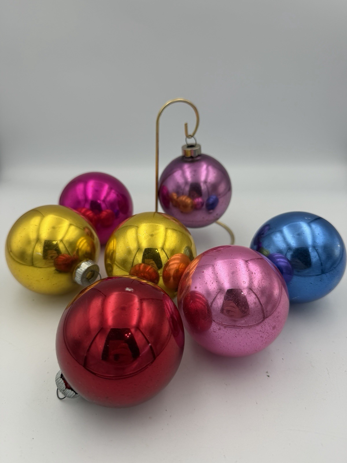 Vtg Shiny Brite Glass Christmas Ornaments (7) Pink Purple Maroon Blue Gold