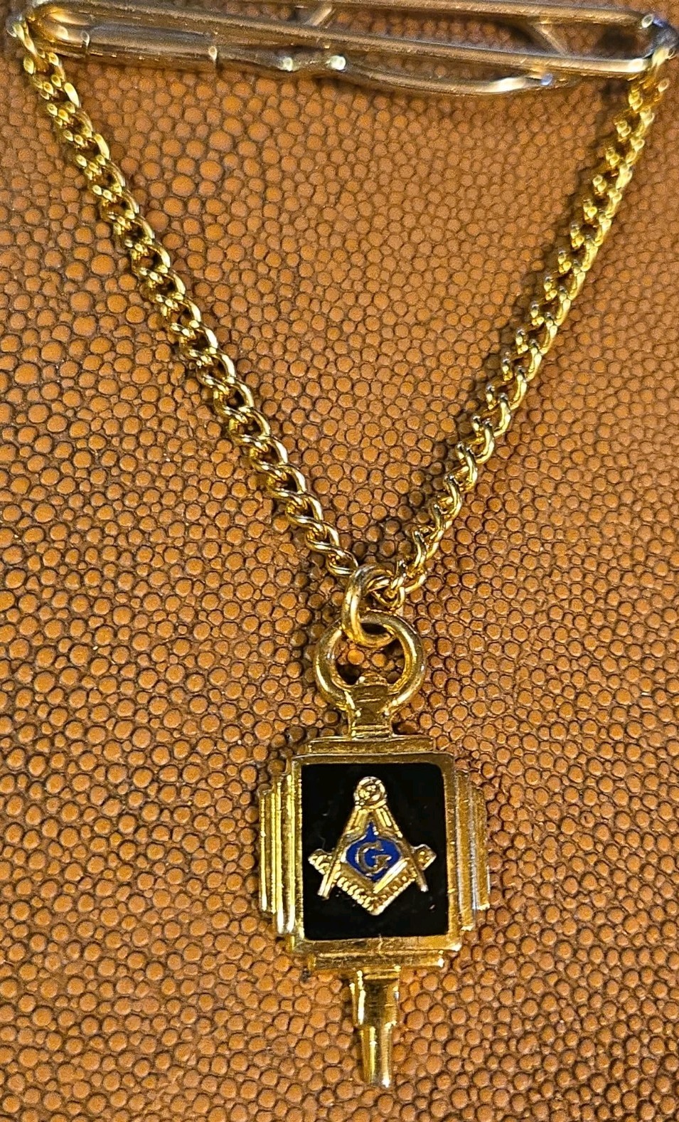 Vintage 1930s Art Deco Masonic Tie Chain Guard – Gold Tone & Black Enamel