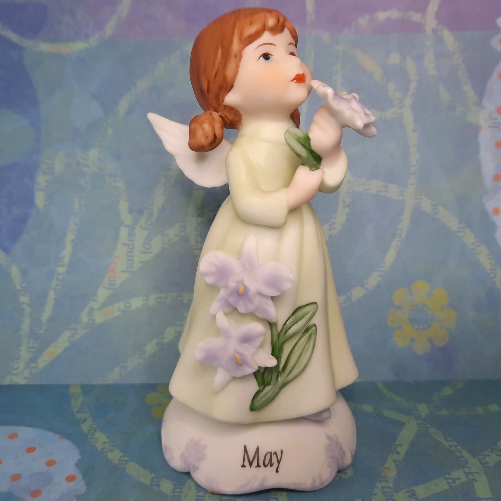May Birthday Angel Porcelain Figurine Light Purple Flowers 4.5 Inches Tall