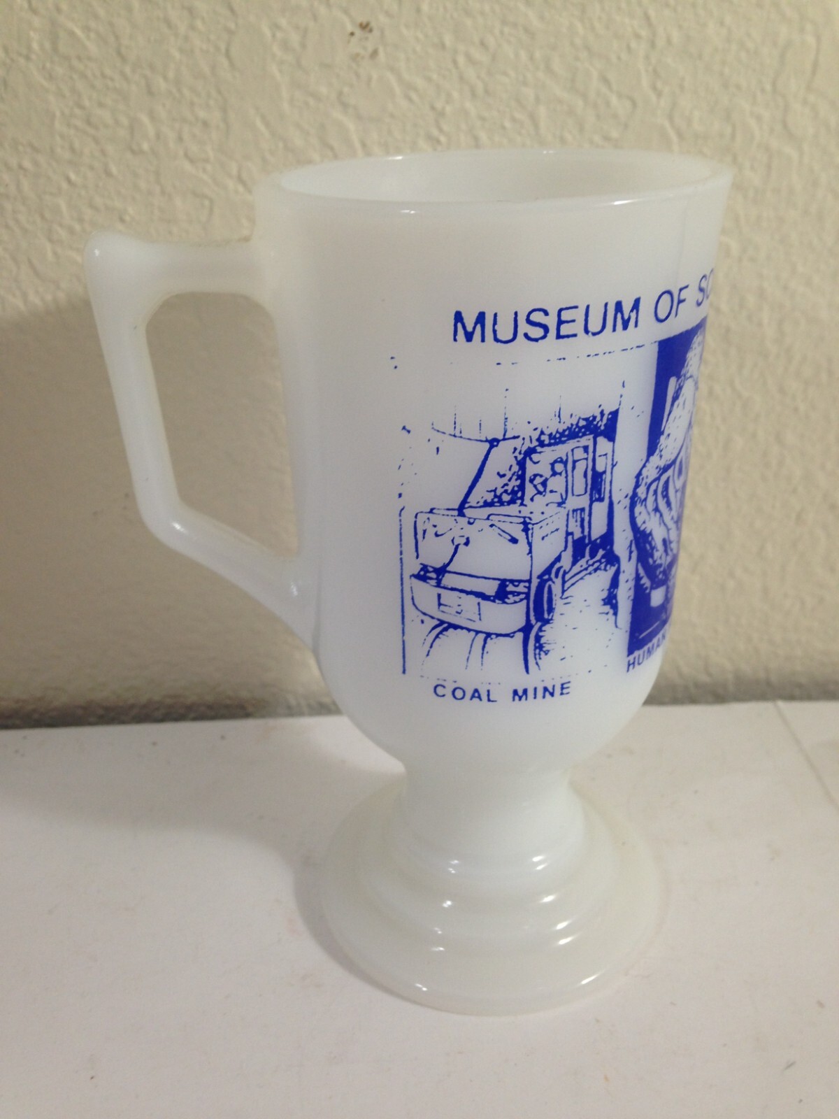 RARE Museum of Science Industry Chicago Il Vtg milk glass stemmed coffee mug cup