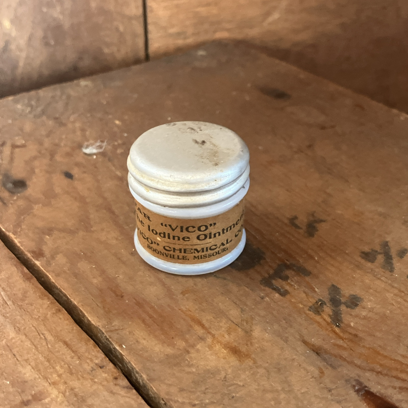 Vintage VICO Iodine Ointment Salve Milk Glass Jar Paper Label FREE Chemical Co