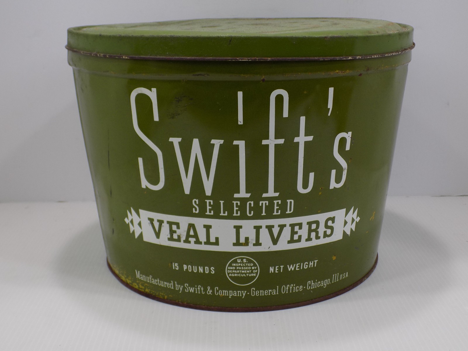 Vintage Swift\'s Selected Veal Livers 15 LB Green Advertising Tin Can w Lid