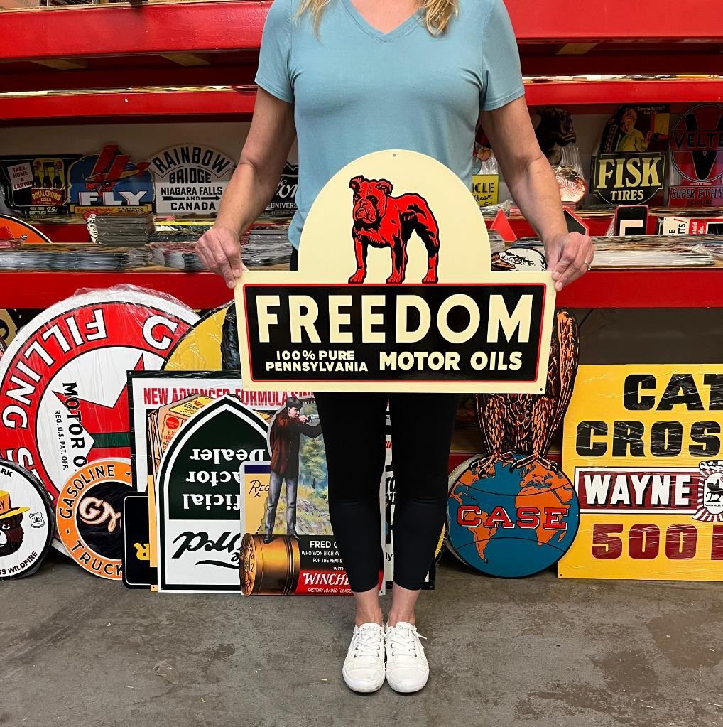 Vintage Style Metal Sign Freedom Motor Oil Bulldog NOT Porcelain 22x16 Made USA