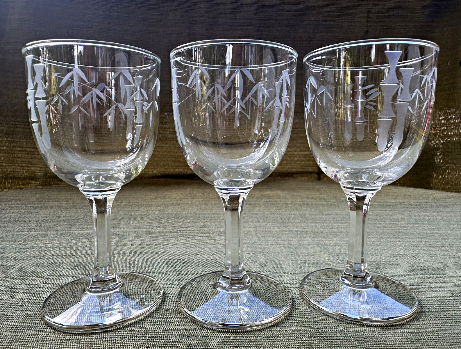 Vintage Sasaki Noritake Bamboo Etched Wine Glasses Goblets Set of 3 MCM