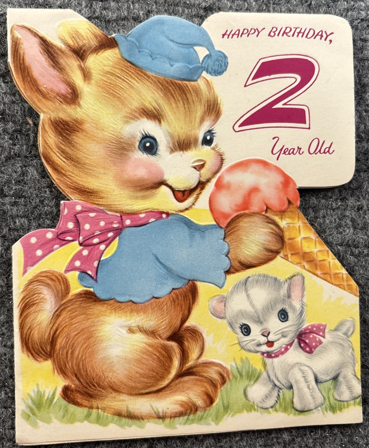 Vintage Greeting Card Birthday Bunny Kitten Cat Ice Cream Cone 2 Years  Harmony