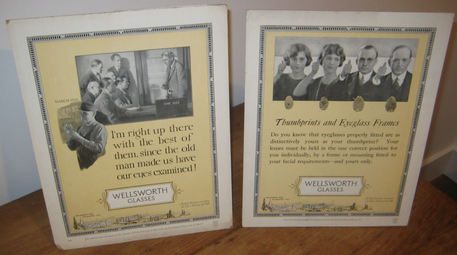 TWO 1923 Easel Back Signs, For Wellsworth Glasses, (Eyeglasses & Frames)