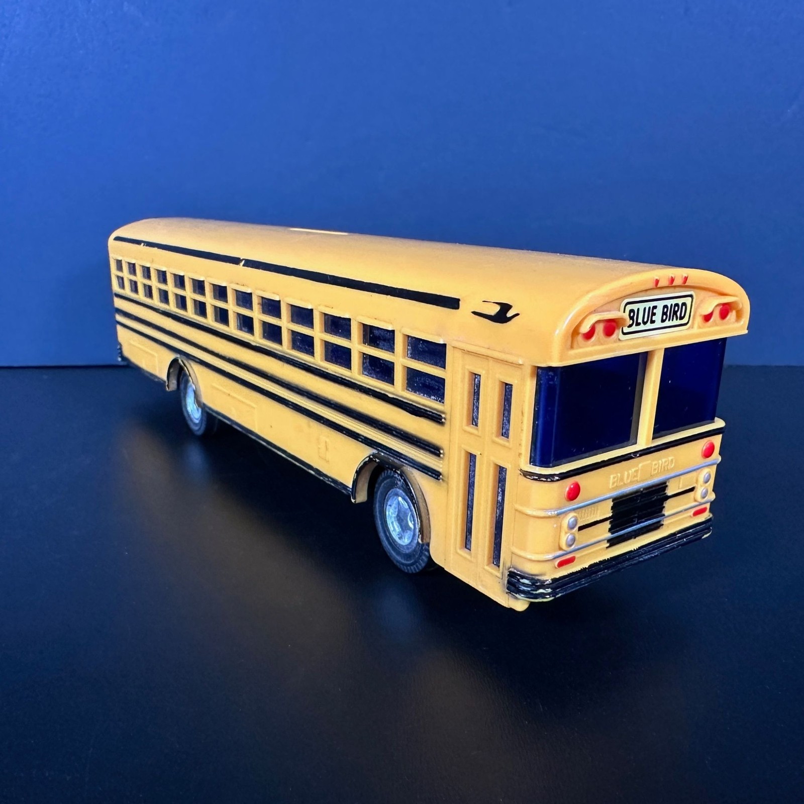 Vintage JIMSON Yellow Plastic BLUE BIRD SCHOOL BUS Coin Bank w Plug No 330 10in