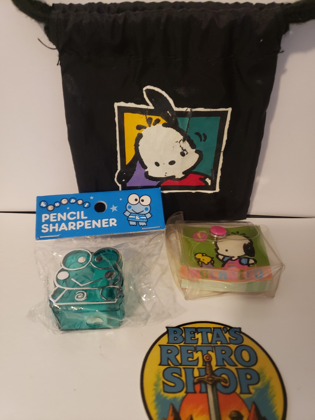 Vintage 90s Sanrio Stationary Pochacco Notepad & Bag, Keroppi Pencil Sharpener