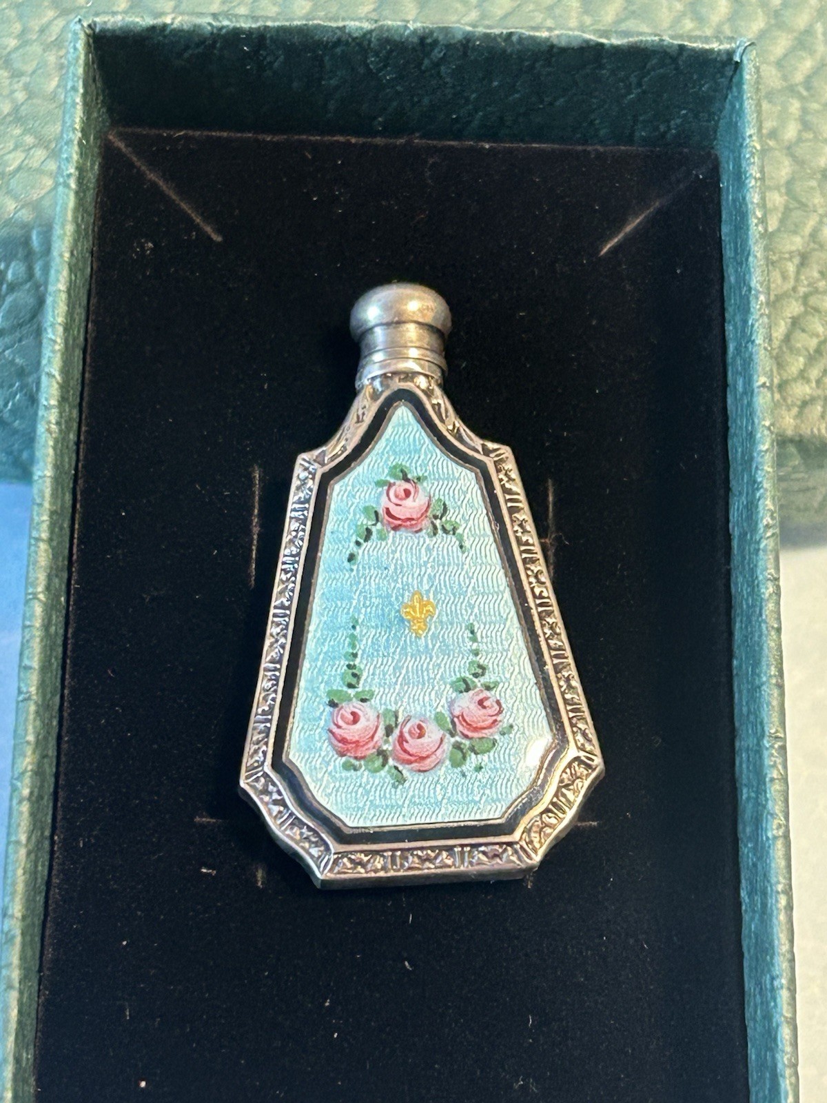 925 Sterling Silver Webster’s Guilloche Enamel Perfume Bottle.