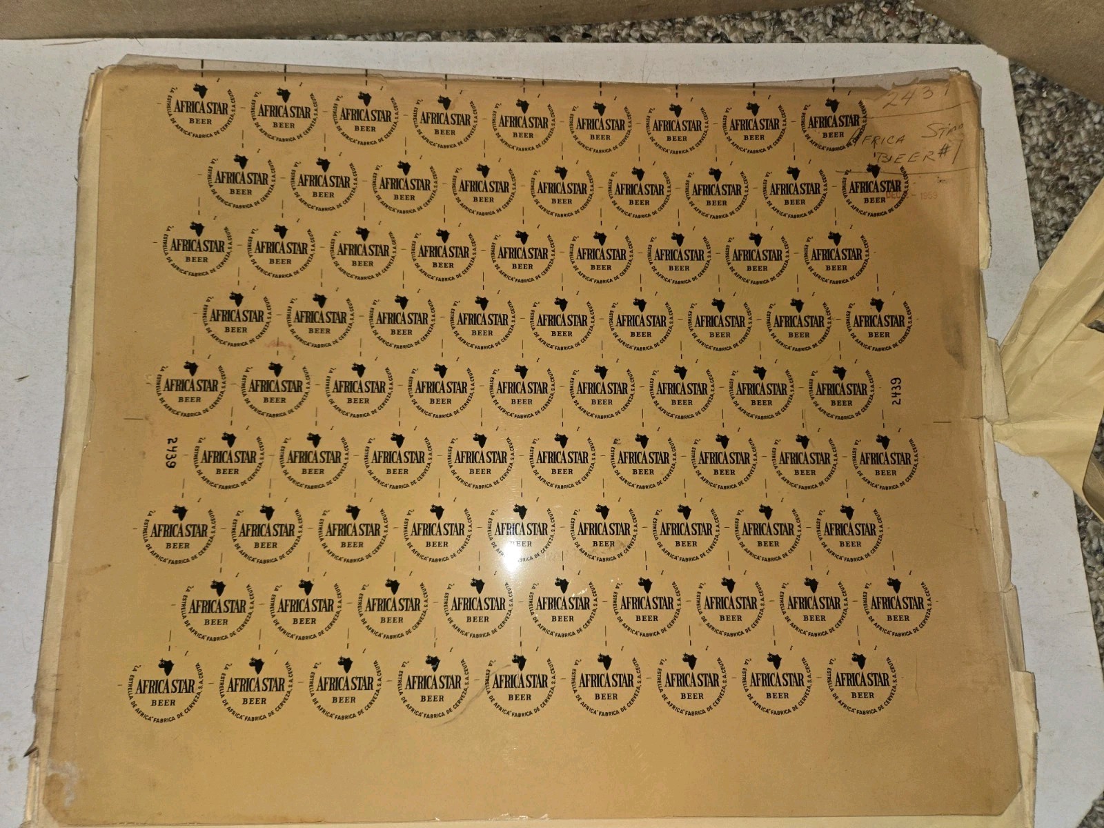 Vintage 1959 African Star Beer Plastic Printers Sheet Plate Label or Bottle Cap 