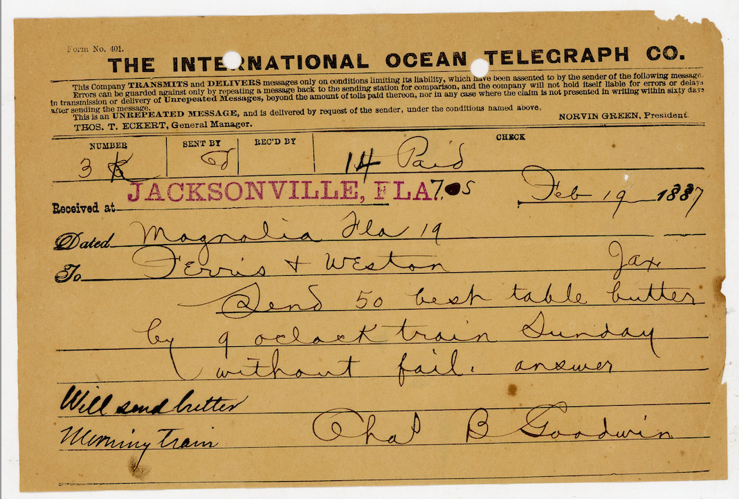 1887 International Ocean Telegraph Co Telegram Magnolia FL Signed Chas B Goodwin