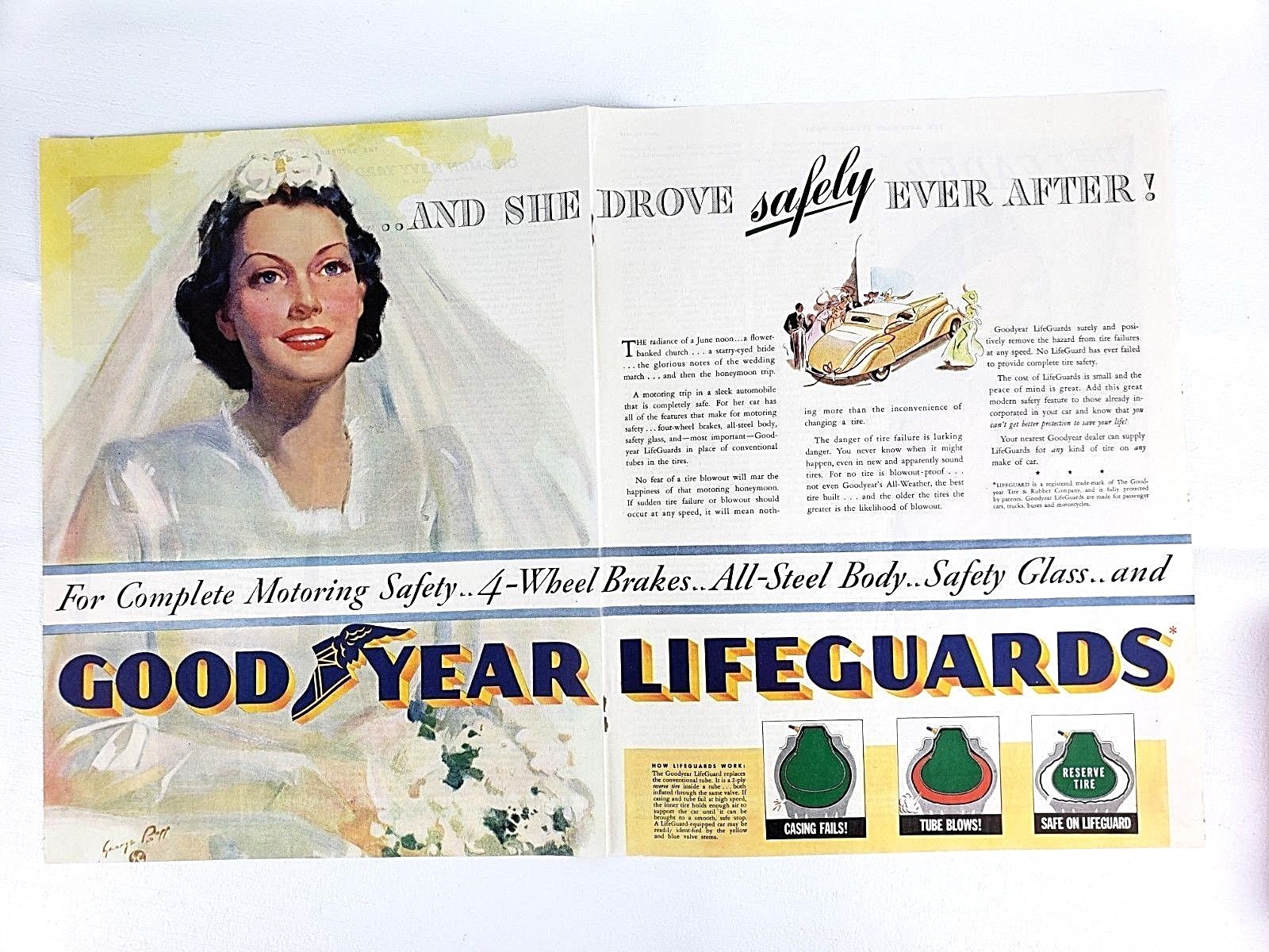 Goodyear Tire Vintage Art Print Ad 1938 Bride And She Drove Safely Ever After 